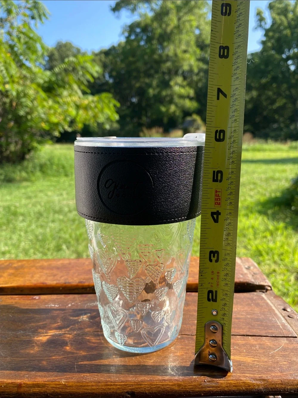 Giant Goods Heart-Embossed Glass Travel Tumbler Faux-Leather Insulating Sleeve